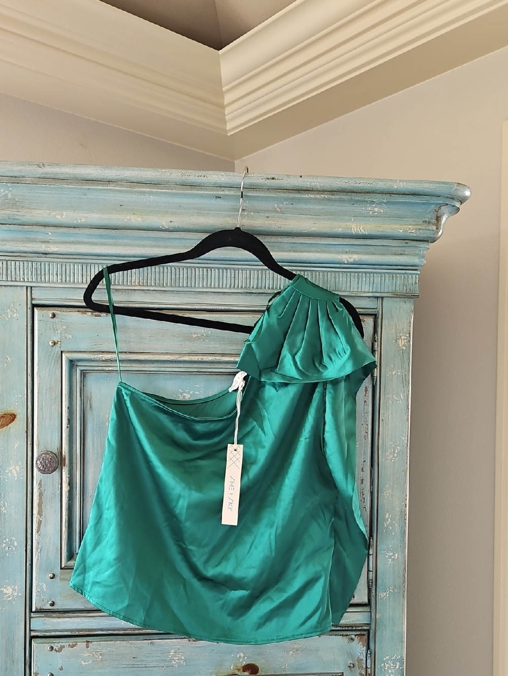 She + Sky Teal One-Shoulder Satin Blouse